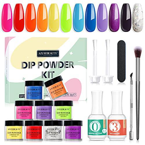 AZUREBEAUTY 17 Pcs Dip Powder Nail Kit Starter, Classic Pink Nude Neutral Clear Colors Acrylic Dipping Powder Liquid Set with Base/Top Coat for French Nails Art Manicure Beginner Party Gift DIY Home