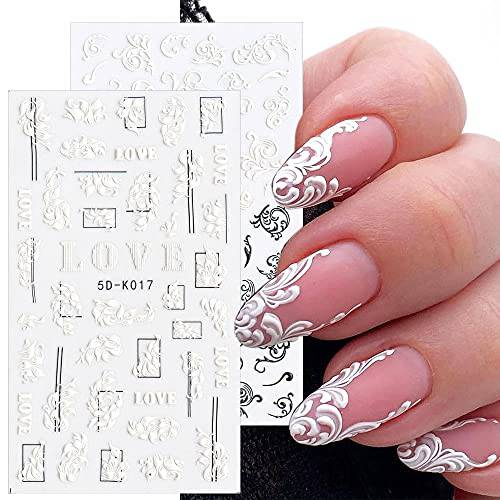 5D Stereoscopic Embossed Flowers Nail Art Stickers Decals Self-Adhesive Hollowed Out White Nail Lace Rose Nail Art Supplies Designs for Nail Art Decoration 4 Sheets