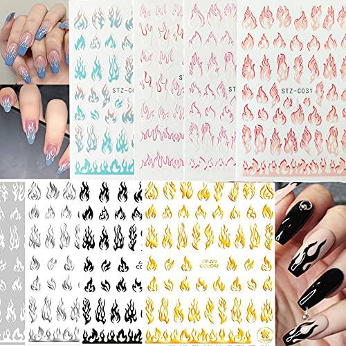 8 Sheets Flame Nail Stickers,Flame Nail Decals Holographic Fire Nail Art Stickers White Black Silver Gold Multicolor Flame Reflections Nail Stickers for Nail Art