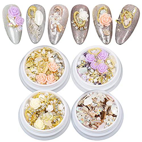 3D Flower Nail Charms-DOYIZZ 3D Flower for Nail Metal Accessories Pearl Rhinestones for Nail 4 box Mixed-style Nail Art Designs Accessories Supplies DIY Nail Art Decoration Set