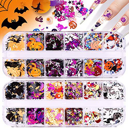 EBANKU 2 Boxes Halloween Nail Art Glitter Sequins, 3D Holographic Spider Pumpkin Witch Bat Confetti Glitter for Acrylic Nails Halloween Party Decor
