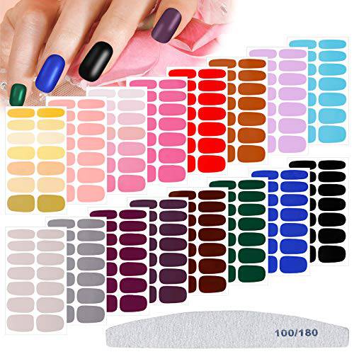 224 Pieces 16 Sheets Nail Polish Stickers Self-Adhesive Polish Wraps Stickers Classic Solid Glitter Adhesive Full Wraps Strips Nail Design Polish Decals with Nail File for Women Girls (Multicoloured)