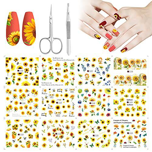 Flower Nail Stickers, yocrovv 12 PCS Pink Cherry BlossomsNail Art Decals Transfer Foils for Women Teens Girls for Nails Supplies DIY Nail Art Manicure Decorations with Scissors & Tweezers
