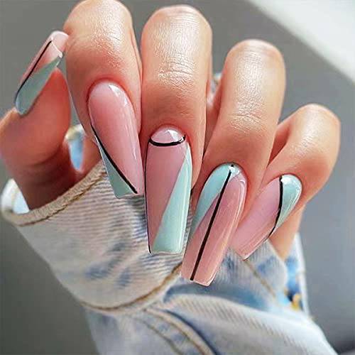 Glossy Abstract Coffin Long Press on Nails with Designs,Acrylic Nails Press on,Stick on Nails for Women,Artificial Glue on Nails,Fake Nails with Graffiti for Nail Art Decoration,24PCS