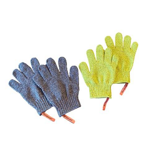 Exfoliating Bath Gloves for Shower, Spa, Massage - (2 Pairs, 4 Gloves) 1 pair Medium Exfoliation and 1 pair Heavy Exfoliation, Body Scrubber for Shower, Exfoliating Shower Gloves with Hanging Loop