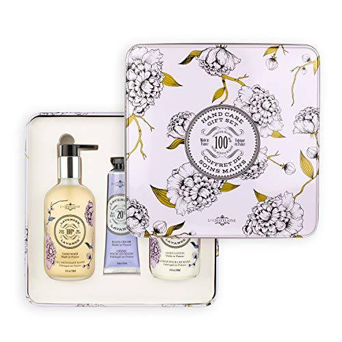 La Chatelaine Hand Care Gift Set | Hand Wash & Hand Lotion 8 oz. in frosted glass bottles, Hand Cream 2.3 oz. | Made in France | Mother’s Day Gift (Lavender)