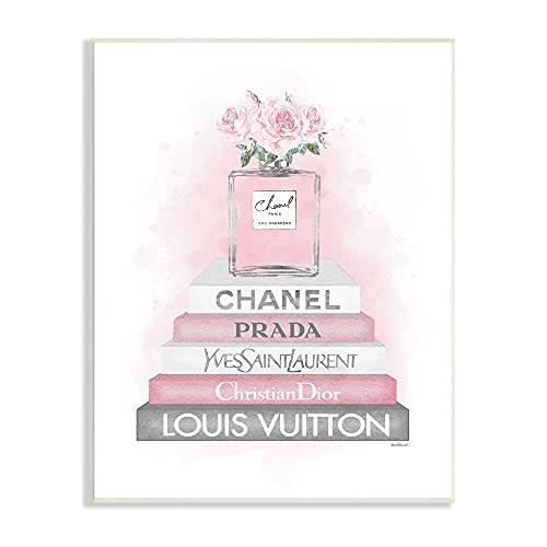 Stupell Industries Pink Roses Perfume Bottle Glam Fashion Bookstack, Designed by Amanda Greenwood Wall Plaque, 10 x 15