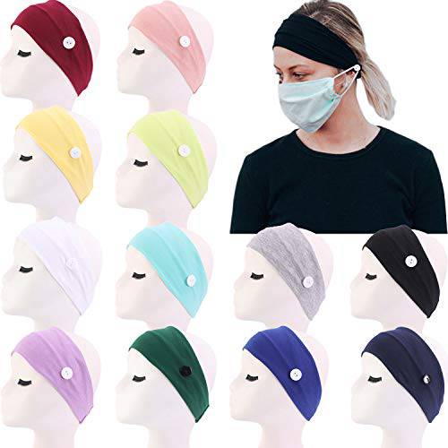 12 Pack Boho Wide Headband with Button Elastic Turban Hair Band Yoga Head Wraps for Women Girls Nurse and Doctor