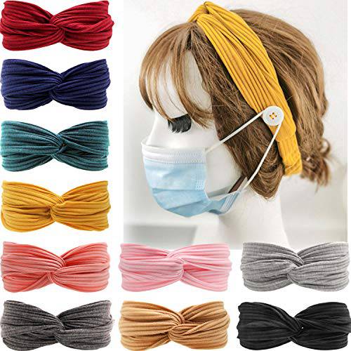 Headband with Buttons for Face Mask,10Pcs Nursing Headbands with Buttons for Mask,Headbands for Women Knotted Boho Stretchy Hair Bands,Work out Elastic Headband for Women,Doctors Saving Ears