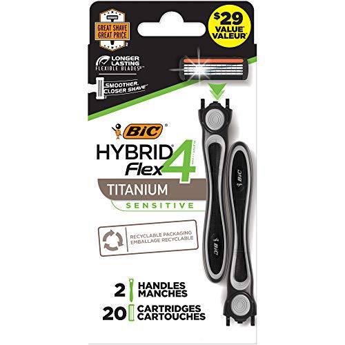 BIC Flex 4 Sensitive Hybrid Men’s 4-Blade Disposable Razor, 2 Handles and 20 Cartridges, Smooth and Close Shave