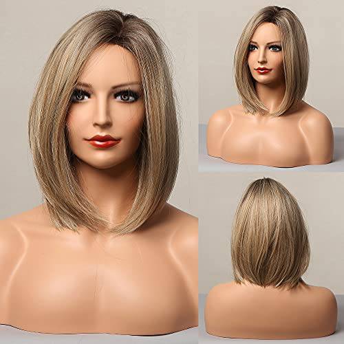 HAIRCUBE Ash Blonde Bob Wig Short Hair Side Parting Wig Hand-Tied Hairline Shoulder Length Ombre Wig Natural Looking Synthetic Ladies Wig