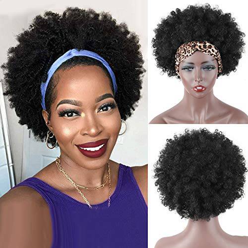 LEOSA Afro Headband Wig Short Afro Kinky Curly Wigs for Black Women,Natural Black Glueless Afro Wigs with headbands attached Afro Curly Headband Wigs Synthetic Afro Scarf Wigs for Womens Afro Wigs