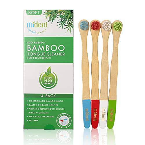 Mident Bamboo Tongue Scraper, Eco Friendly Tongue Cleaner with Bio-Based Extra Soft Bristles, Fight Bad Breath, All Natural, Biodegradable, Compostable, Organic, Tongue Brush for Adult, Junior(4 Pack)