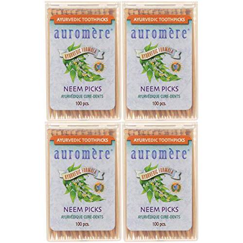 Auromere Ayurvedic Neem Toothpicks - Vegan, Natural, Non GMO, Made from Birchwood (100 Count), 4 Pack