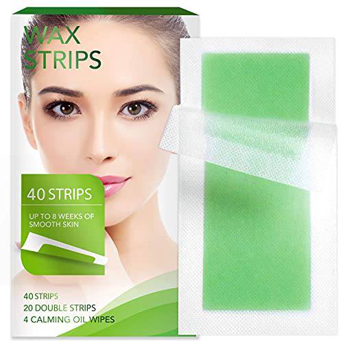 Nopunzel Facial Wax Strips Hypoallergenic All Skin Types - Face & Hair Removal For Women At Home Waxing Kit with 40 Face Wax Strips (2 Sizes) + 4 Calming Oil Wipes