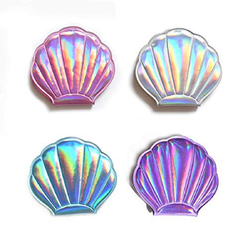 4pcs Shell Mirrors Double-Sided Foldable PU Makeup Mirror Compact Glitter Bling Mirror for Travel Women Girls 4 Holographic Rainbow Colors