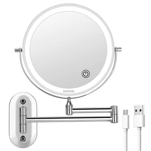 Lighted Vanity Mirror, Wall Mounted Makeup Mirror with 3 Color Lights, 1X/5X Magnifying Double Sided Shaving Mirror LED Touch Screen Dimmable 360° Rotating for Bathroom, USB/Battery Powered