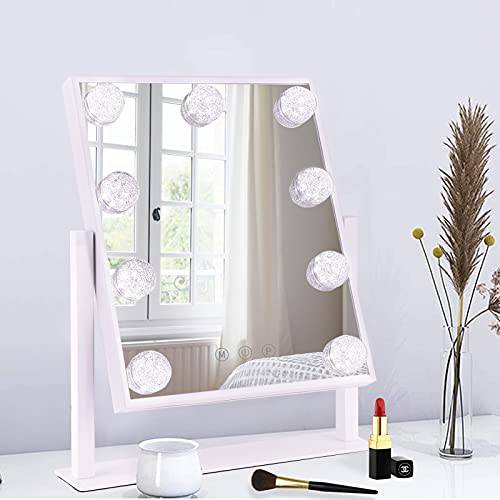BWLLNI Vanity Mirror, Hollywood Lighted Makeup Mirror with 3 Color Modes and 9 Dimmable Diamond LED Light Bulbs, Detachable 10X Magnification, 360° Rotation, Touch Control, White