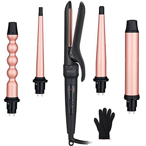 5 in 1 Curling Wand Set - EMOCCI PRO Hair Waver Iron Straightener and Curler 2 in 1 with 5 Interchangeable Ceramic Tourmaline Barrels Heat Resistant Glove Dual Voltage for All Curly and Wavy Hairstyle