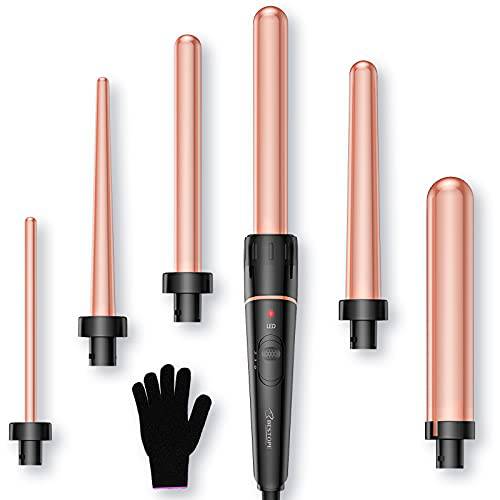 Long Barrel Curling Iron Wand Set - BESTOPE PRO 6 in 1 Curling Wand Set with Ceramic Barrel for Long Hair, 0.35-1.25 Interchangeable Hair Wand Curler, Dual Voltage, Include Glove & Clips