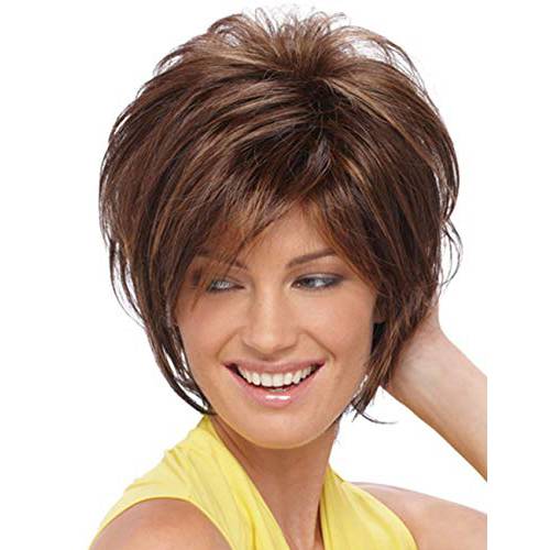 Shaggy Layered Short Mixed Brown Highlight Wigs for White Women Pixie Cut Wig with Bangs Syntheric Red Brown with blonde Hair Wig