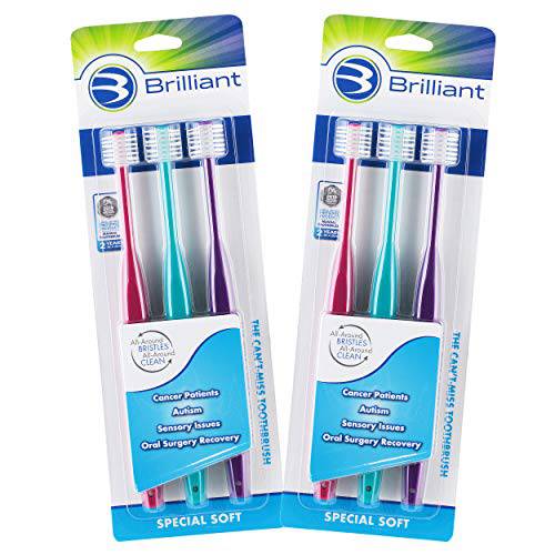 Brilliant Special Soft Toothbrush - for Cancer and Chemo Patients with Compromised Oral Health, Raspberry-Teal-Violet, 6 Count