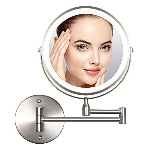 Wall Mounted Lighted Makeup Mirror 8 Inch 1X 10X Magnification with 3 Color LED Lights, Rechargeable Dimmable Magnifying Vanity Mirror, Extendable Arm 360° Swivel Bathroom Mirror, Brushed Nickel