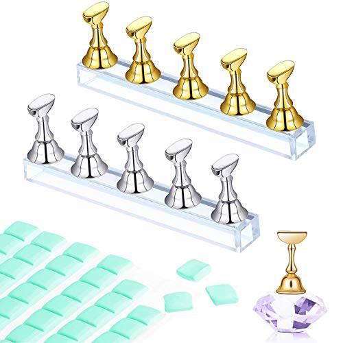 2 Set Acrylic Nail Stand for Press on, Nail Holder for Painting Nails, Magnetic Nail Display Stand with Reusable Adhesive Putty Clay for Home Salon