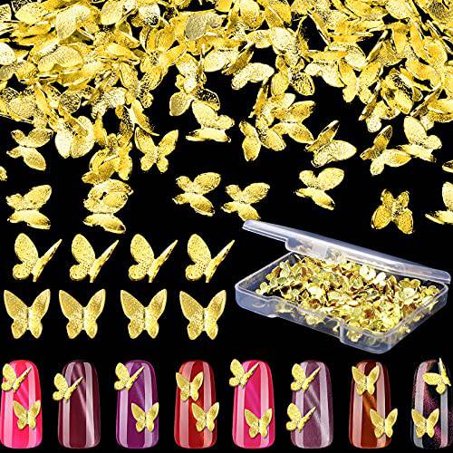 150 Pieces Gold Butterfly Nail Charm 3D Alloy Art Nail Charm Metal Glitter Nail Charm Crystal Nail Charm with Transparent White Box for Girl (Classic Butterfly Style)