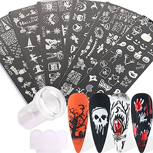 XJL Halloween 6 PCS Nail Stamping Plates+1 Stamper+1 Scraper Lace, Pumpkin Bat Owl Skeleton Ghost Skull Art Design Stamp Plates Set, DIY Template Image Plate Supplies Decoration Kits