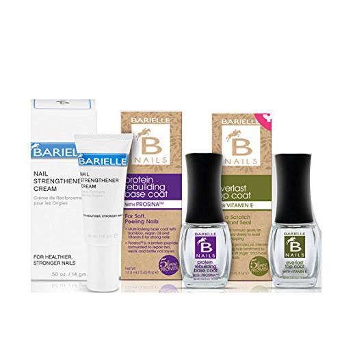 Health and Healing Nail Treatment 3-Piece Collection with Nail Strengthening Cream Protein Rebuilding Base Coat and Everlast Top Coat
