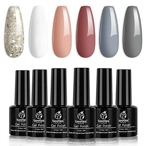 Beetles Gel Nail Polish Set- 6 Colors White Red Gel Nail Polish Kit Nail Gel Polish Set Soak Off LED Nail Lamp Required Gel Nail Kit Nail Art Gift for Women