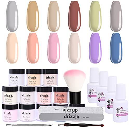 Drizzle Beauty Dip Powder Nail Kit Starter, Yellow Blue 20 Colors Dipping Powder System Essential Tools Liquid Set with Base Top Coat Activator for Beginner, No LED Nail Lamp Needed