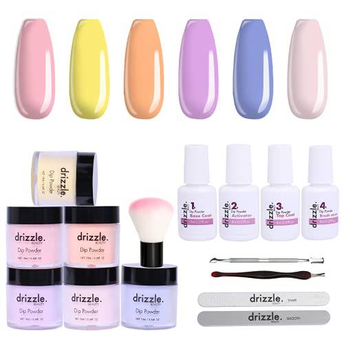 Drizzle Beauty Nail Dip Powder 6 Colors Starter Kit, with Base Activator and Top Coat Acrylic Nail Dip Powder Kit, Pink Yellow Purple Blue Series for Nail Art No Lamp Needed