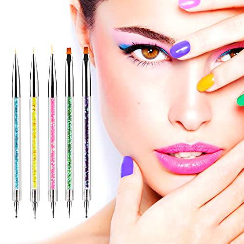 ANGENIL 5 Pcs Acrylic Nail Art Brushes, Doubel Ended Nail Dotting Pen Liner Brush Manicure Point Drill Drawing Painting Tools Set for DIY Nail Art Designs