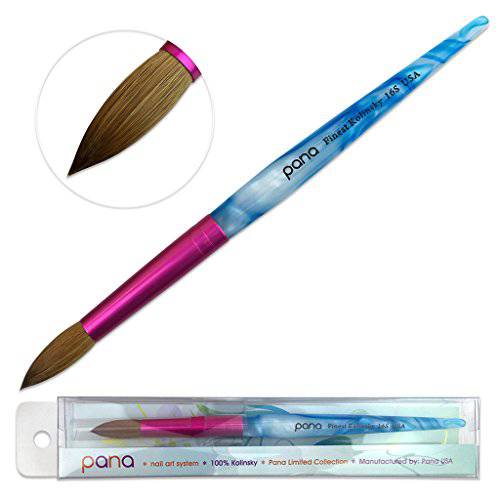 PANA USA Acrylic Nail Brush Pure Kolinsky Hair Acrylic White Swirl Blue Handle with Pink Ferrule Round Shaped - Size 16