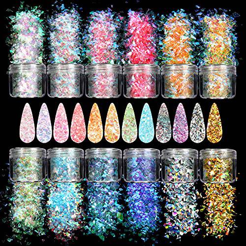 Allstarry 12 Colors Mermaid Nail Chunky Glitter Ultra-Thin Fluorescent Glass Paper Irregular Iridescent Sequin Flakes Glitters Sticker for Nails Art Decoration Hair Eyes Face Body DIY Craft