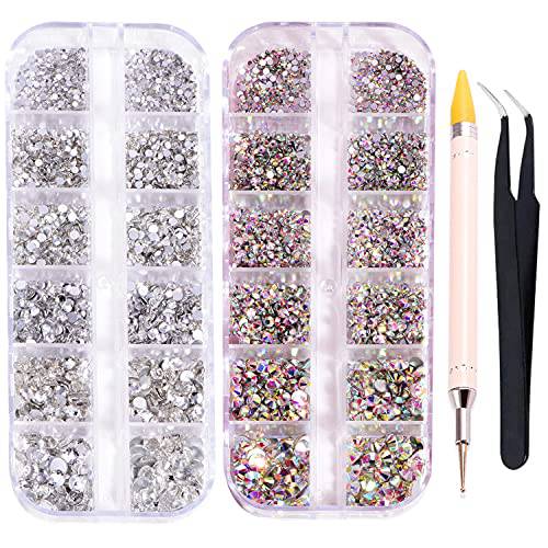4300 PCS Flatback Crystal Rhinestones 6 Mixed Size Clear Rhinestones for Crafts Brilliant Round Glass Gems with Tweezers and Picking Rhinestones Pen,SS4-SS20