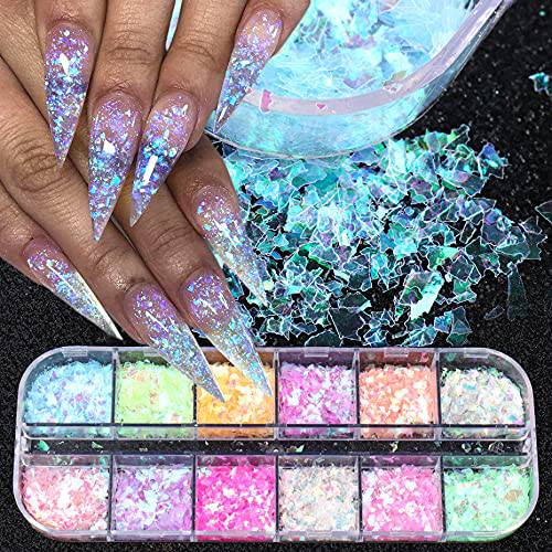 Mermaid Flake Nail Glitter Sequins, CHANGAR Iridescent Ice Slag Nail Glitter Colorful Fluorescent Glass Paper Nail Sticker Holographic Nail Glitter for Make Up DIY Nail Decoration
