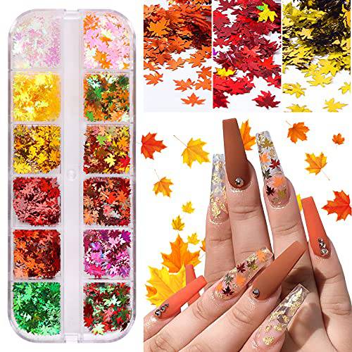 EBANKU 12 Colors Maple Leaf Nail Art Glitter Sequins, 3D Flakes Laser Fall Maple Leaf Nail Glitter Holographic Autumn Leaf Shape Nail Sequins for DIY Nail Art Decoration Resin Mold DIY