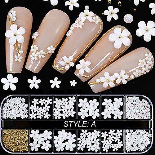 Flower Nail Art Charms Decals Glitter Jewelry Nail Supplies Decoration 3D White Pearl Color Five-Leaf Flower Butterfly Flower Jelly Bear Mix Set DIY Acrylic Nail Art Accessories for Women Girls