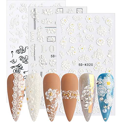 5D Nail Art Stickers Embossed Flower Nail Decals 5D Stereoscopic Black White Lace Nail Stickers Real 3D Self Adhesive Nail Art Supplies Acrylic Nail Art Accessories Sticker Designs for Women Girls