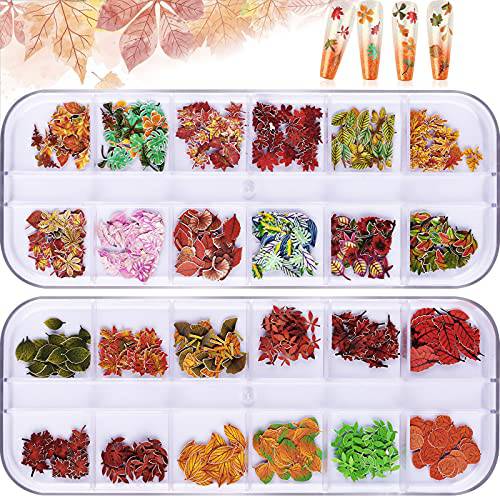 Kalolary 2 Boxes Maple Leaves Nail Art Sequins, 3D Fall Leaves Stickers for Acrylic Nails, Maple Leaves Wood Pulp Glitter Flakes for Autumn Nail Art Decorations