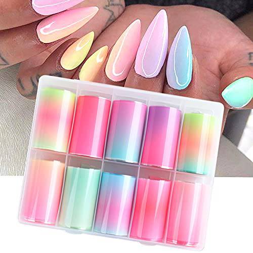 10 Rolls Nail Art Transfer Foils Gradient Colorful Nail Foil Stickers Holographic Starry Sky Macaroon Color Full Wrap Designs Nail Decals Nail Art Supplies Foil for Women Girl Acrylic Nail Decoration