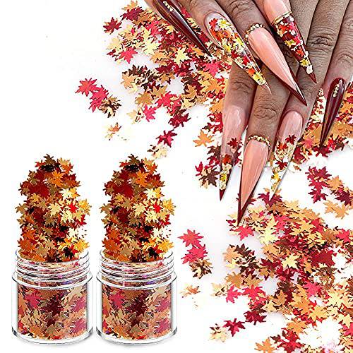 3D Holographic Glitter Fall Nail Art Maple Leaf Sequins Flake Maple Leave Shaped Red Yellow Orange Mixed Metallic Design Spangles for Acrylic Nails Women Girls Manicure Kit Decorations (2 Pot)