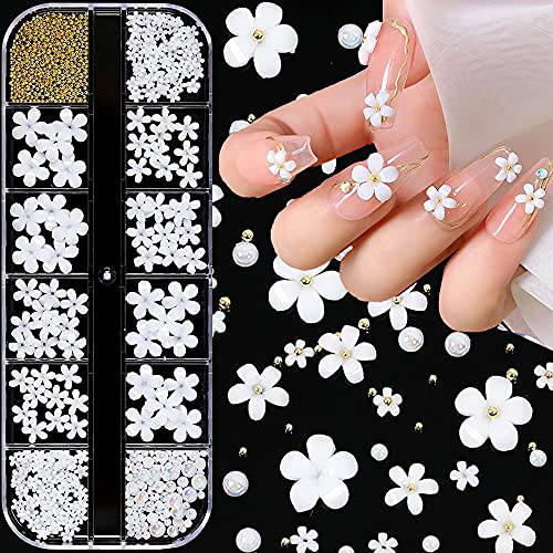 3D Flower Nail Art Charms, 250pcs White Flowers Nail Rhinestones Kit 3D Crystal Nail Pearls Flat Design Acrylic Nail Art Studs Manicures Nail Accessories for Women Girls