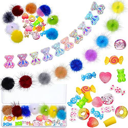 30 Pieces Nail Decoration Charms Set Including 10 Pieces Detachable Nail DIY Art Fluffy Pom Balls 10 Pieces 3D Cute Bear Nail Decorations 10 Pieces Assorted Candy Sweet Resin Charms (Vivid Style)