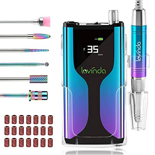 Professional Cordless Nail Drill Machine, Lavinda Rechargeable 35,000RPM Skyspace E File, Portable Electrical Nail File for Acrylic Nails with Upgrade Carbide Tungsten Drill Bits Protective Case