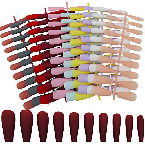 LoveOurHome 200pc Mixed Colored Matte Coffin Press on Nails Fake Nails Long Ballerina Shaped Painted Artificial Fingernails Acrylic Nail Tips Manicure DIY Design Decor 10 Sizes for Women Girls (Light Color)