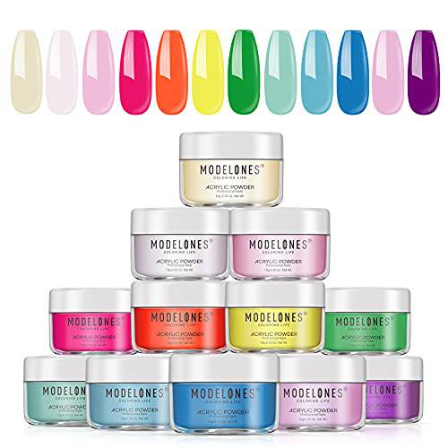 Modelones Acrylic Powder, 12 Spring Summer Colors Nail Acrylic Powder Pink Blue Neon Acrylic Nail Powders for French Nail Art 3D Manicure Beginner DIY Salon Gift Easter, No Nail Lamp Needed